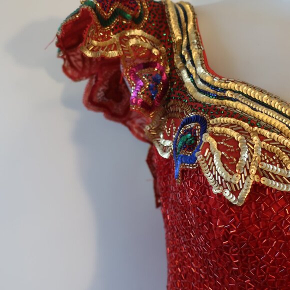 Womens Fabrice Silhouette Red Gold Beads Sequin Silk Satin Formal Gown Dress 10* - Picture 7 of 16